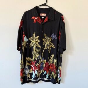 Caribbean Joe Mens Black Tropical Floral Palm Tree Rayon Cabana Camp Shirt LG